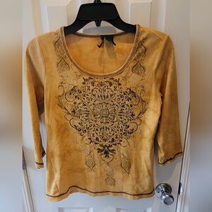 New Directions Mustard Long Sleeve Top with Ornate Design